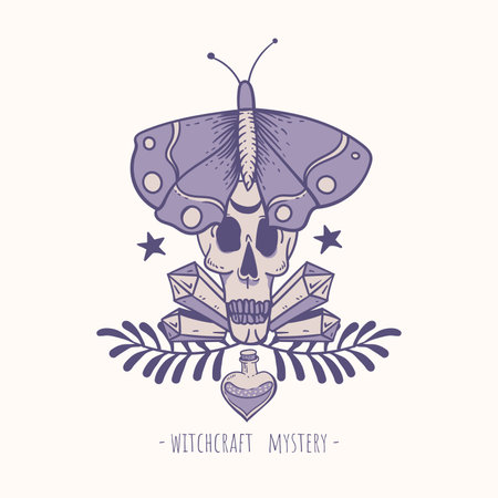 Vintage vector magic symbols. Witchcraft greeting card. Spiritual mystic hand drawn elements on whiteのイラスト素材