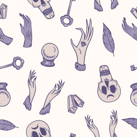 Vintage vector magic seamless pattern. Witchcraft greeting card. Spiritual mystic hand drawn elements on whiteのイラスト素材