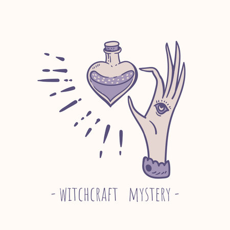 Vintage vector magic symbols. Witchcraft greeting card. Spiritual mystic hand drawn elements on whiteのイラスト素材