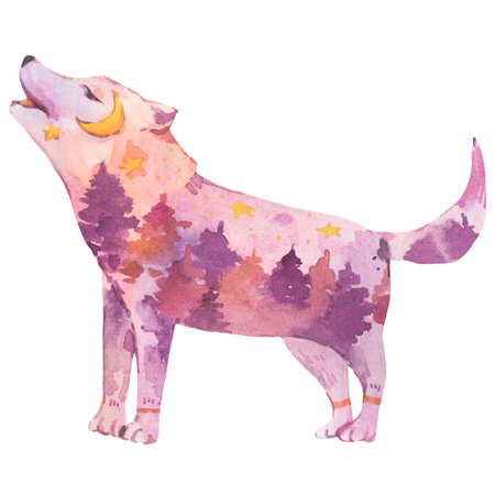 Spiritual sacred wolf, dog. Totem animals watercolor illustration isolated on white.