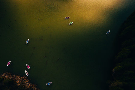 Lake ina pine tree forest with small boats seen from a drone