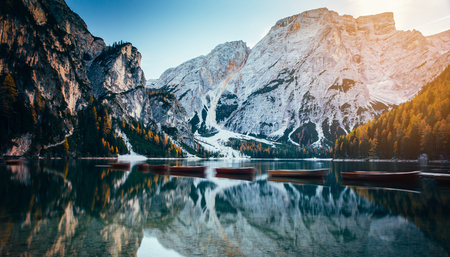 Autumn at Braies lake, Italy. Famous lake in the Dolomites.の写真素材