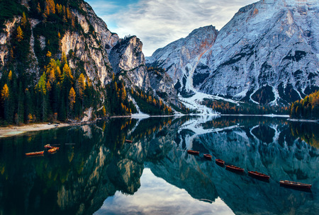 Autumn at Braies lake, Italy. Famous lake in the Dolomites.の写真素材