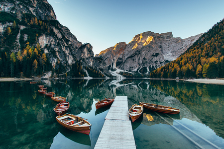Autumn at Braies lake, Italy. Famous lake in the Dolomites.の写真素材