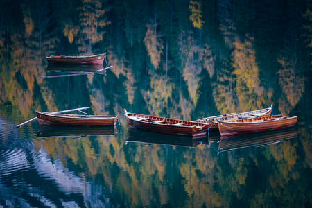 Autumn at Braies lake, Italy. Famous lake in the Dolomites.の写真素材