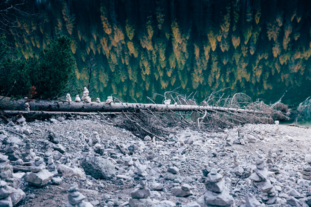 Autumn at Braies lake, Italy. Famous lake in the Dolomites.の写真素材