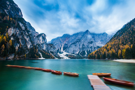 Autumn at Braies lake, Italy. Famous lake in the Dolomites.の写真素材