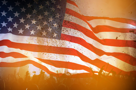 Cheering crowd and the american flag. Double exposure. Independence day, 4th of July.