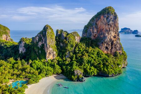 Krabi - Railay beach seen from a drone. One of Thailand's most famous luxurious beach.の写真素材