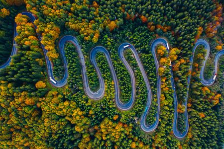 Scenic curvy road seen from a drone in autumn. Cheia, Romania.の写真素材