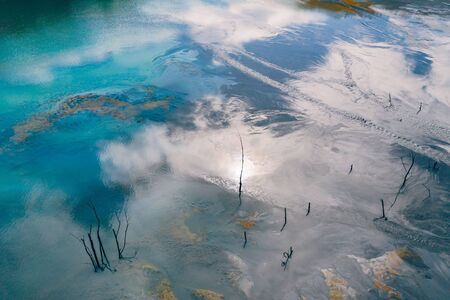 Drone view of contaminated, toxic water stream in Geamana, Romaniaの写真素材