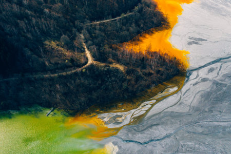 Drone view of contaminated, toxic water stream in Geamana, Romania