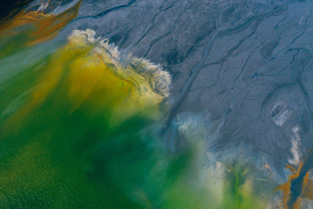 Drone view of contaminated, toxic water stream in Geamana, Romania