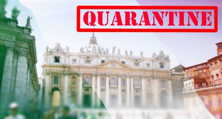 Rome, Italy is under quarantine due to Coronavirus outbreak. Representative image of landmarks from Rome with the Italian flag and  Quarantine warning sign.の写真素材