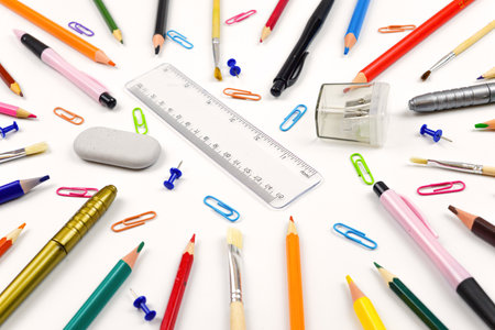 School and office supplies on white background. Back to school concept.の写真素材