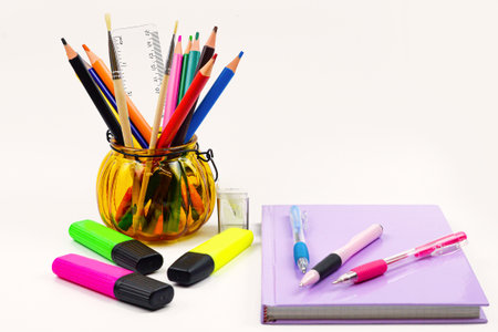 School and office supplies on white background. Back to school concept.の写真素材