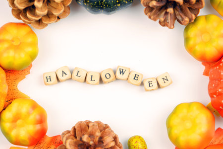 Halloween concept with pumpkins on white background with copy space for textの写真素材