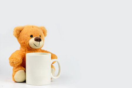 Coffee cup and teddy bear isolated on white background.の写真素材