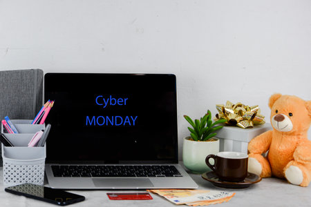 Laptop screen displaying a cyber Monday concept with copy space.の写真素材