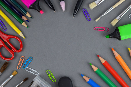 School and office supplies on gray background. Back to school concept.の写真素材