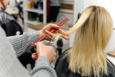Professional hairdresser cutting blonde hair in salon, closeupの写真素材