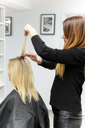 Professional hairdresser doing haircut of young woman in beauty salonの写真素材