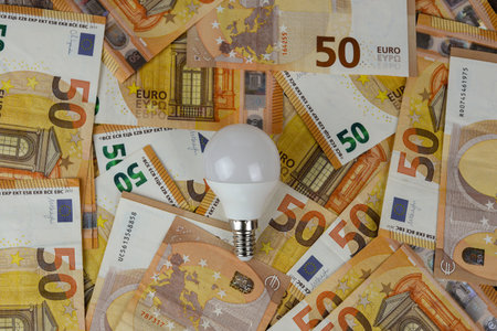 Energy saving light bulb on euro money background. Energy saving concept.の写真素材