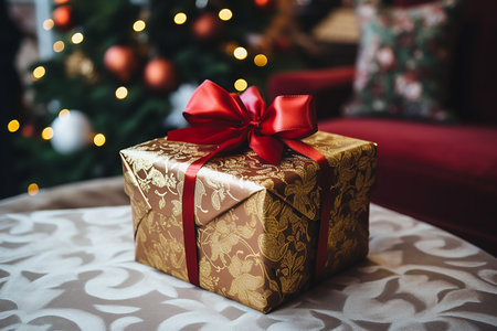 Gift box with a red bow on the background of the Christmas treeの素材