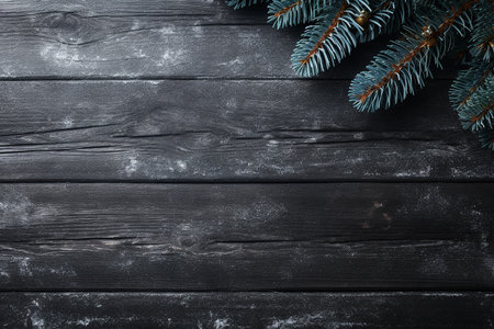 Christmas tree branches on dark wooden background. Top view with copy spaceの素材