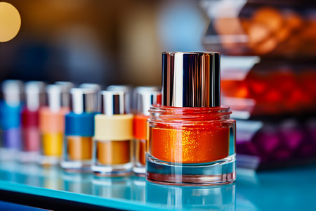 Nail polish bottles on a shelf in the beauty salon. Selective focus.の素材