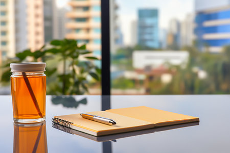 notebook with pen and glass of tea on the table in officeの素材