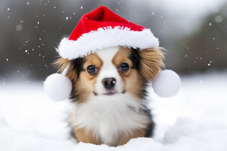 Cute chihuahua dog in christmas hat on snow backgroundの素材
