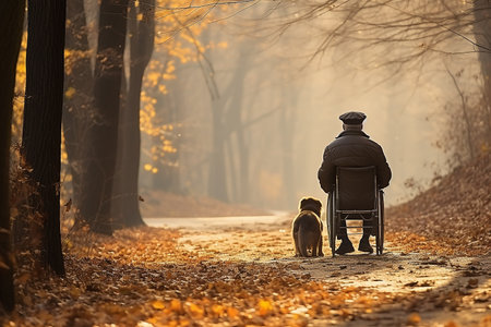 A man with a dog in a wheelchair walks in the autumn park.の素材