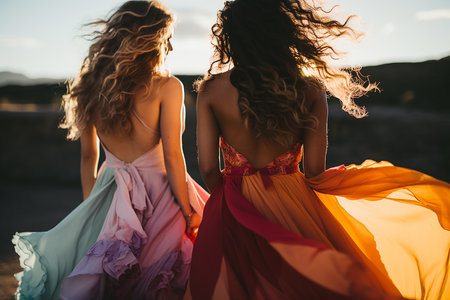 back view of two beautiful women in colorful dresses dancing on beach at sunsetの素材