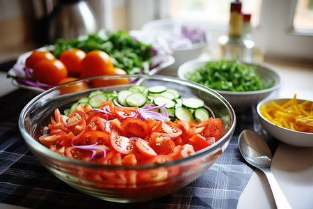 Fresh salad with tomatoes, cucumbers and onions in a glass bowlの素材