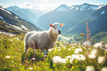 Sheep in the meadow with mountains in the background, Switzerlandの写真素材