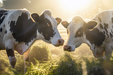 Two black and white cows grazing in a meadow at sunset.の写真素材