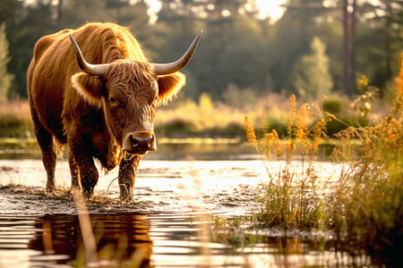 Portrait of a brown highland cow standing in water at sunset