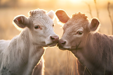 Portrait of two cows in the meadow at sunset light.の写真素材