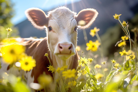 Cow in a meadow with yellow flowers, sunbeams.の写真素材