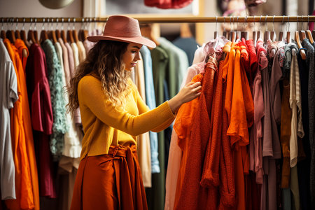Beautiful young woman in hat choosing clothes in a clothing store.の素材