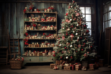 Christmas tree and gifts in the interior of an old wooden house.の素材