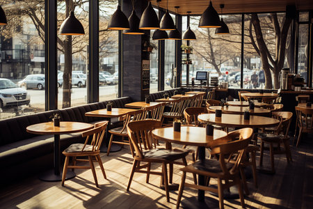 Cafe interior with wooden tables and chairsの素材