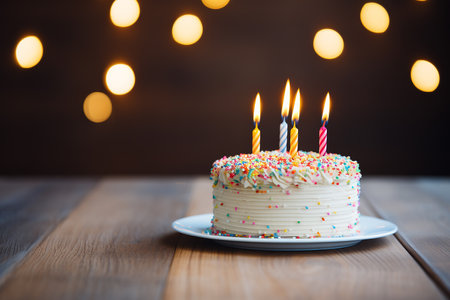 Birthday cake with burning candles on wooden table and bokeh backgroundの素材