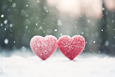Two red hearts in the snow. Valentines day background. Love concept.の素材