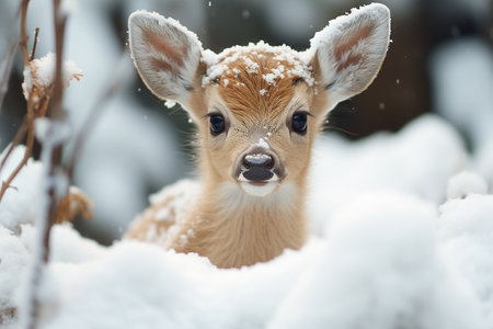 Little white-tailed deer doe in the snow in winter forestの素材