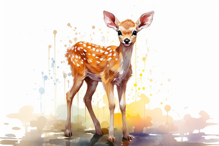Illustration of a fawn on a white background with splashesの素材