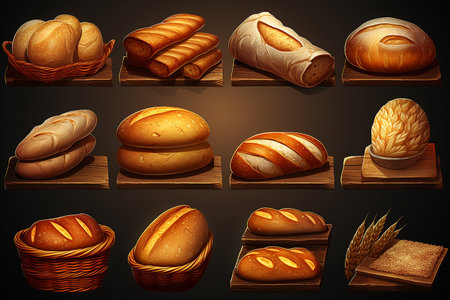 Bread icons set with whole loaf and wheat ears on wooden shelves vector illustrationの素材