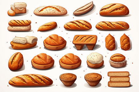 Set of different types of bread and buns. Vector illustration.の素材