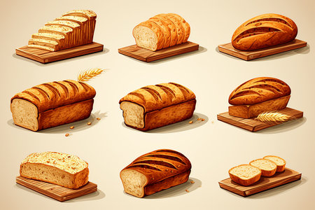 Set of different types of bread on a wooden board. Vector illustrationの素材